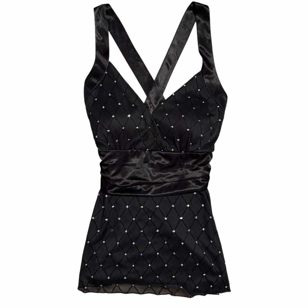 Y2K Black Rhinestone Satin Babydoll Top Size 10P McBling Whimsygoth Vibes